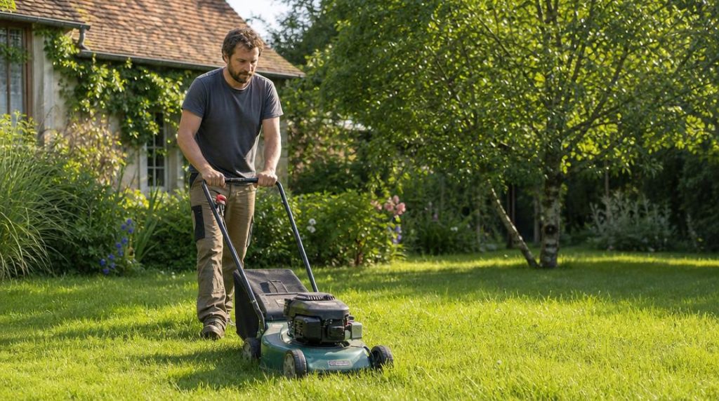 Jardinier effectuant la première tonte d’une jeune pelouse