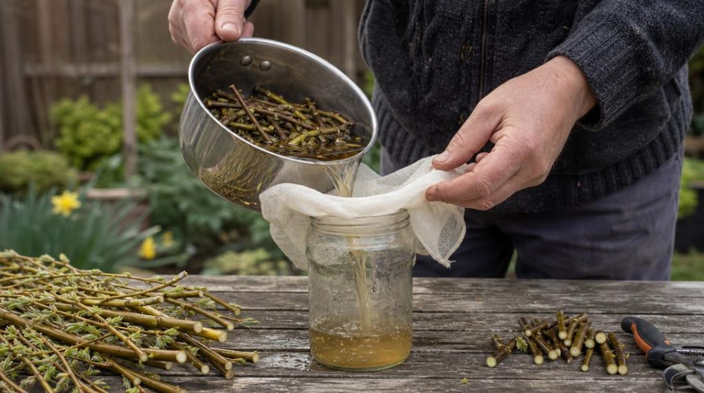 Mains filtrant une eau de saule pour des boutures