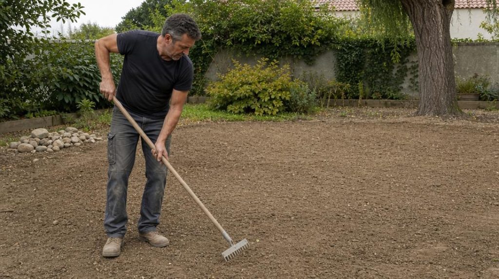 Jardinier ratissant une terre fine pour semer du gazon