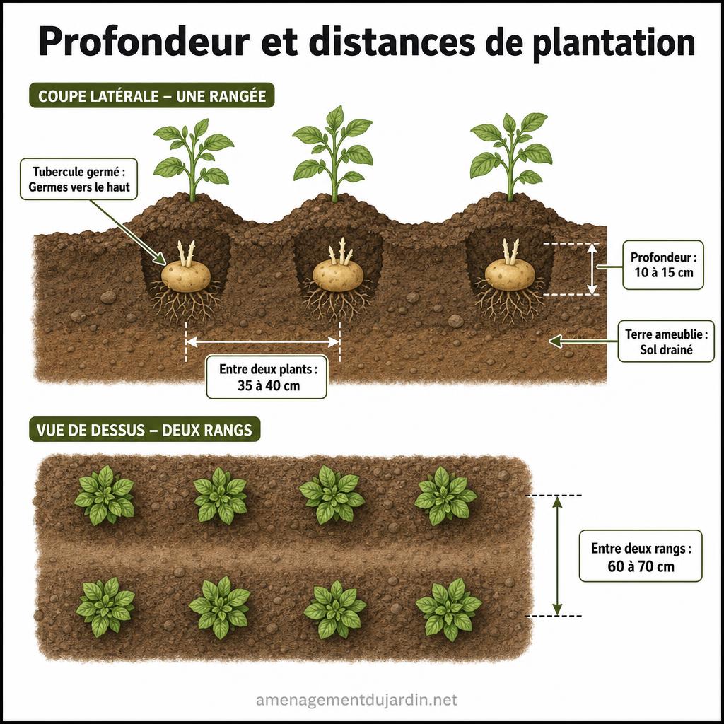 Schéma de profondeur et espacement des pommes de terre