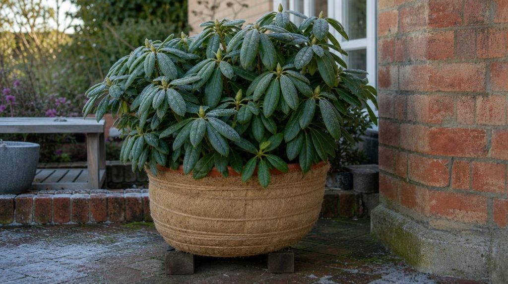 Rhododendron en pot protégé du gel sur terrasse
