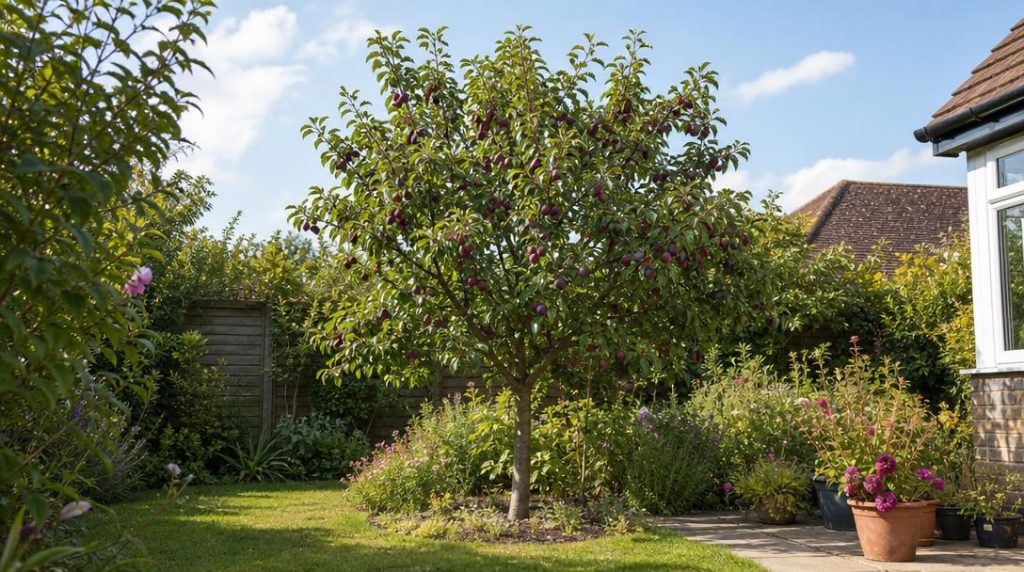 Prunier compact chargé de fruits dans un petit jardin