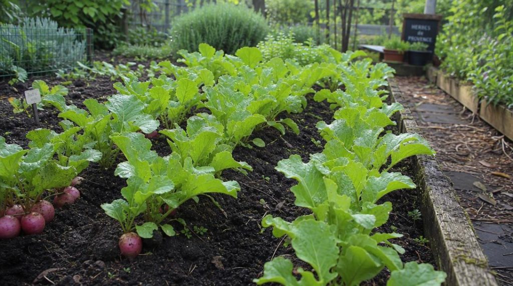 Jeunes rangs de radis dans un potager français