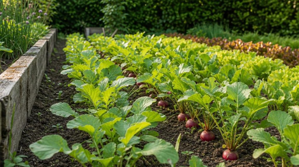 Rangs de radis roses dans un jardin tempéré