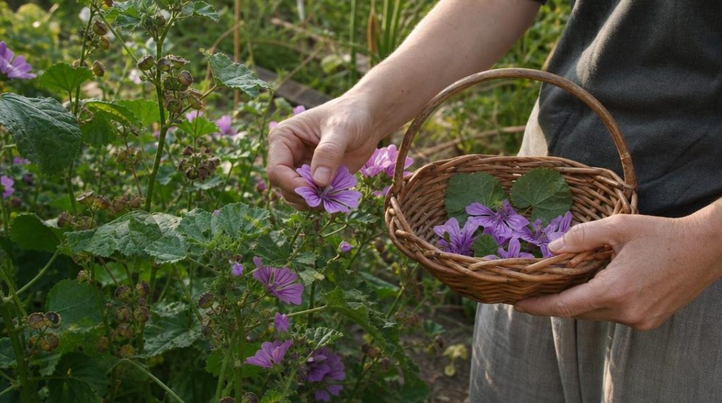 Récolte de fleurs et jeunes feuilles de mauve