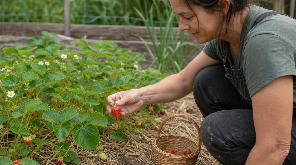 Main cueillant une fraise rouge mûre au jardin