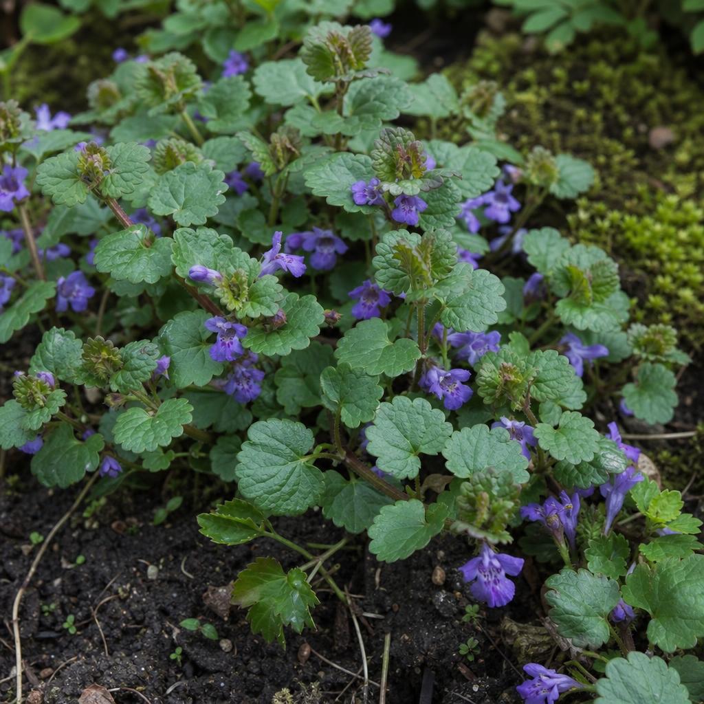 Feuilles crénelées et fleurs violettes du lierre terrestre