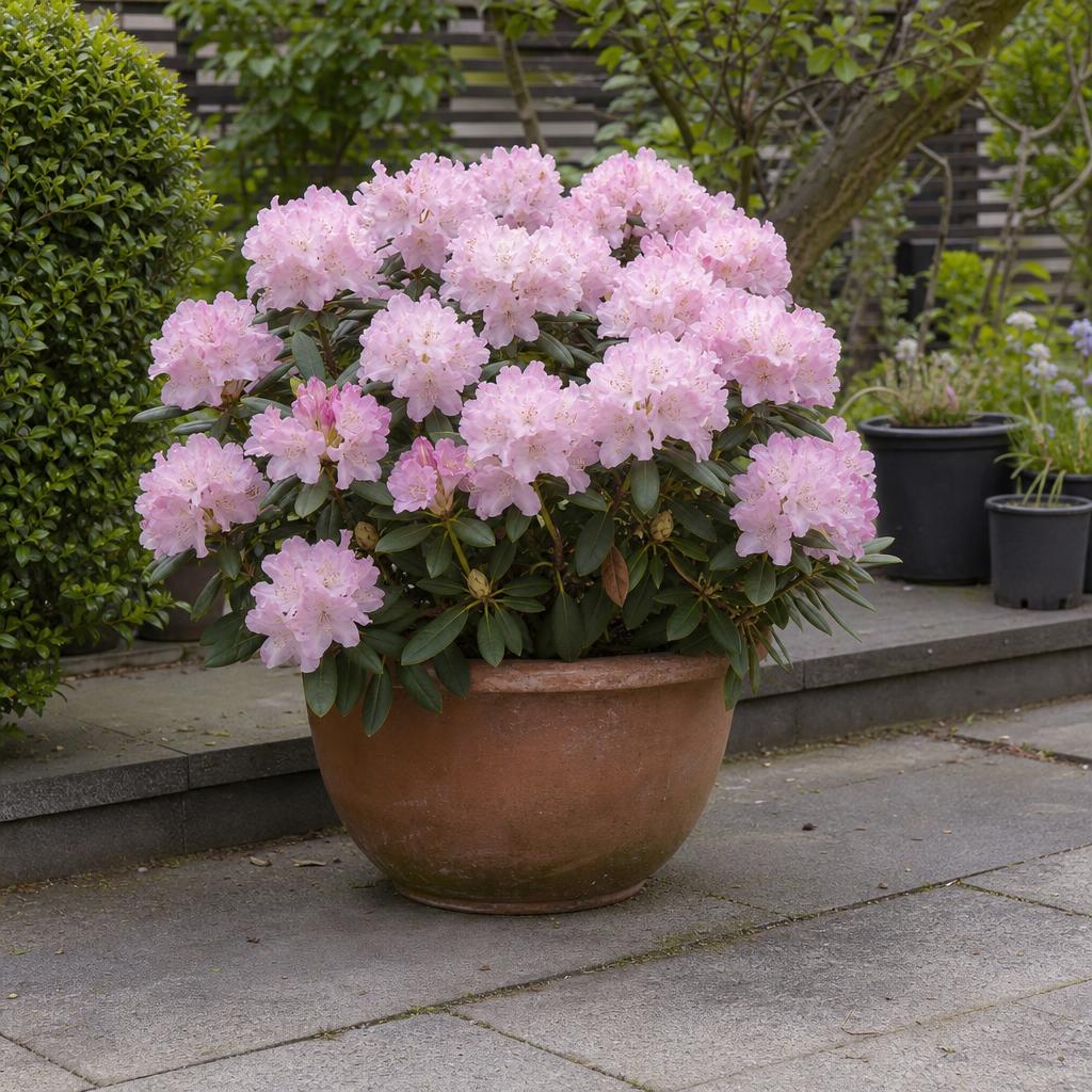Rhododendron nain aux fleurs roses en pot