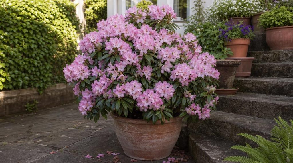 Rhododendron en pot fleuri près d’une terrasse