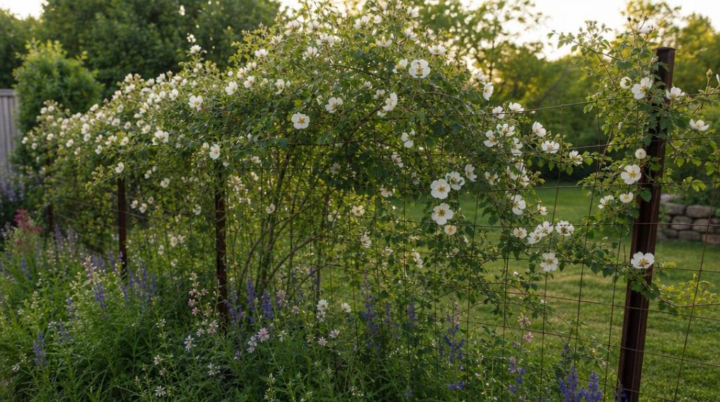 Rosier sempervirens fleuri sur grillage de jardin