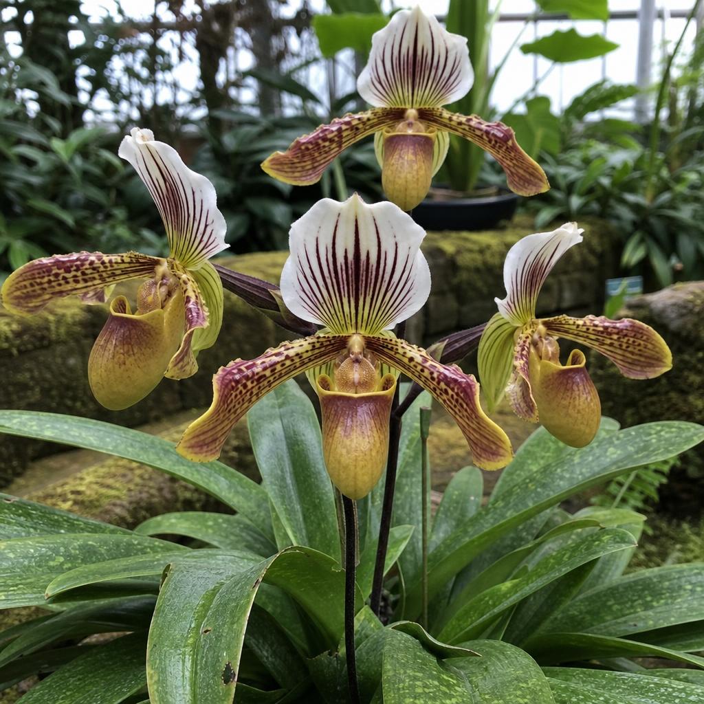 Orchidée sabot de Vénus rayée en floraison
