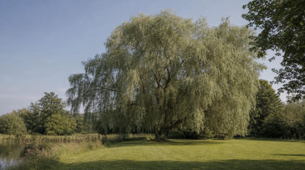 Salix alba adulte aux feuilles argentées dans un grand jardin