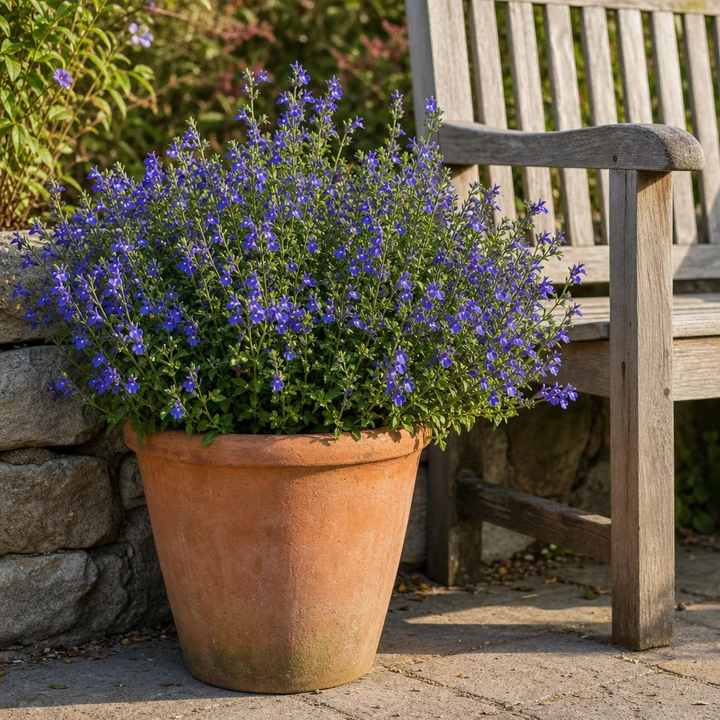 Sauge arbustive bleue fleurie dans un pot en terre cuite