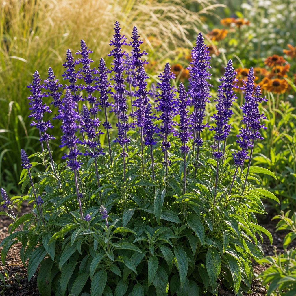 Épis bleu indigo de sauge farineuse en massif