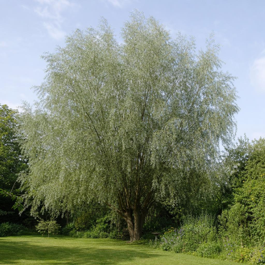 Saule blanc adulte au feuillage vert argenté sur pelouse