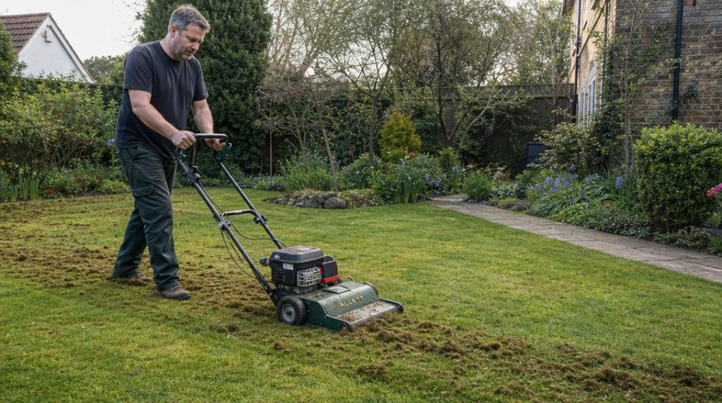 Jardinier scarifiant une pelouse au printemps