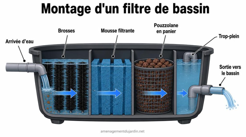 Schéma des compartiments d'un filtre de bassin