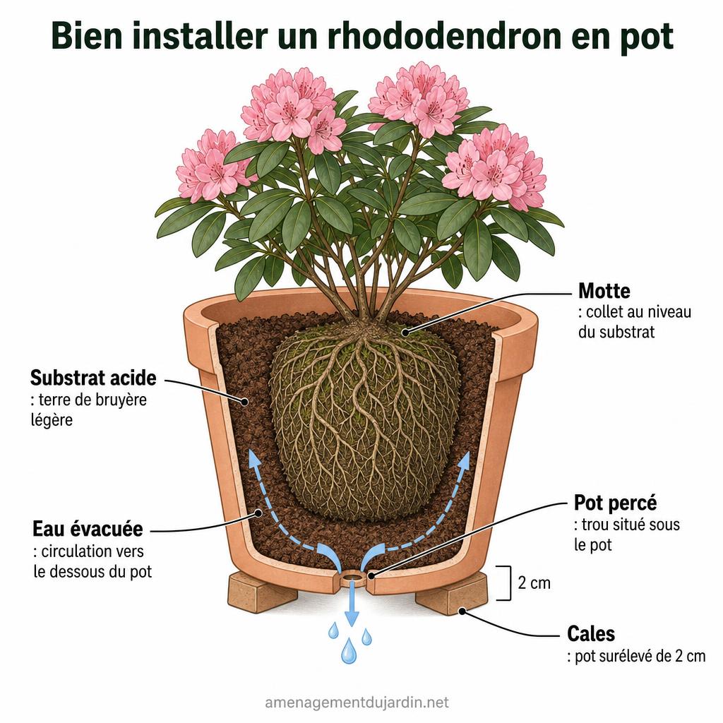 Schéma de plantation d’un rhododendron en pot