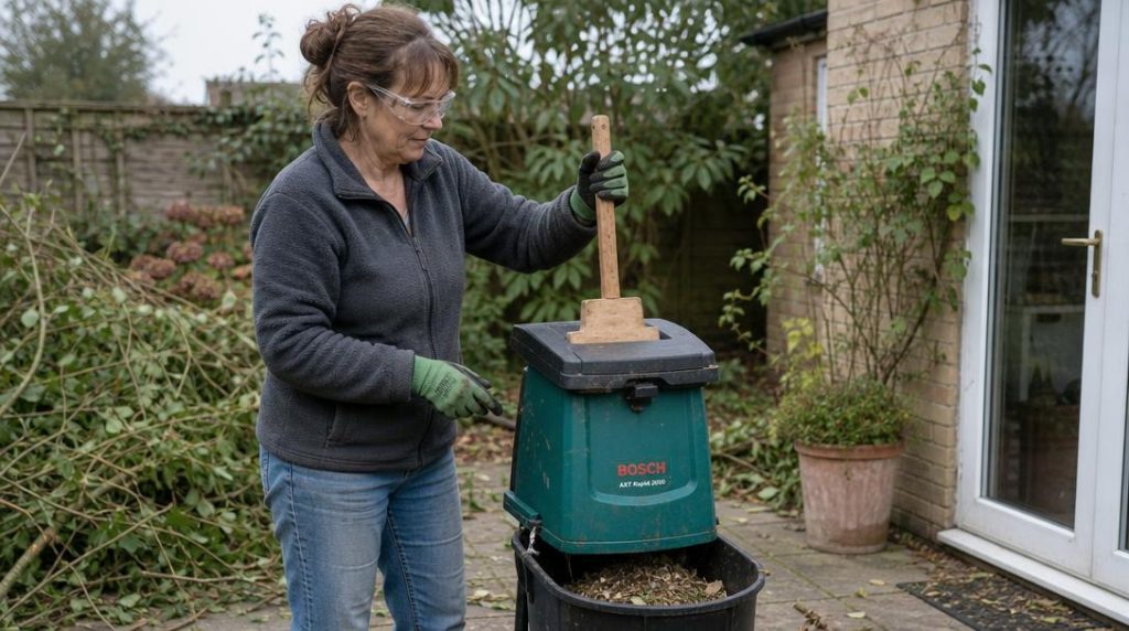 Jardinier utilisant un poussoir sur un broyeur manuel stable