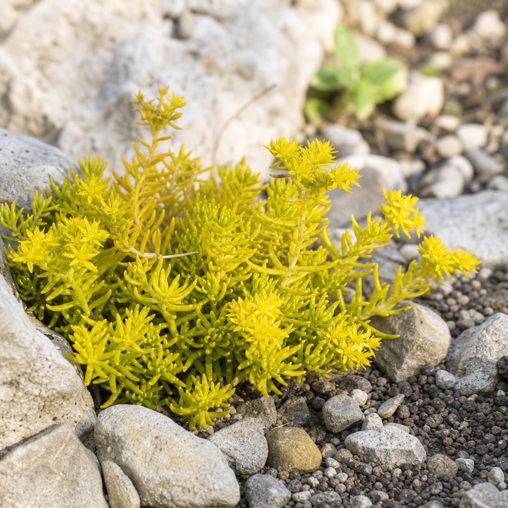Sedum Angelina doré entre pierres et gravier