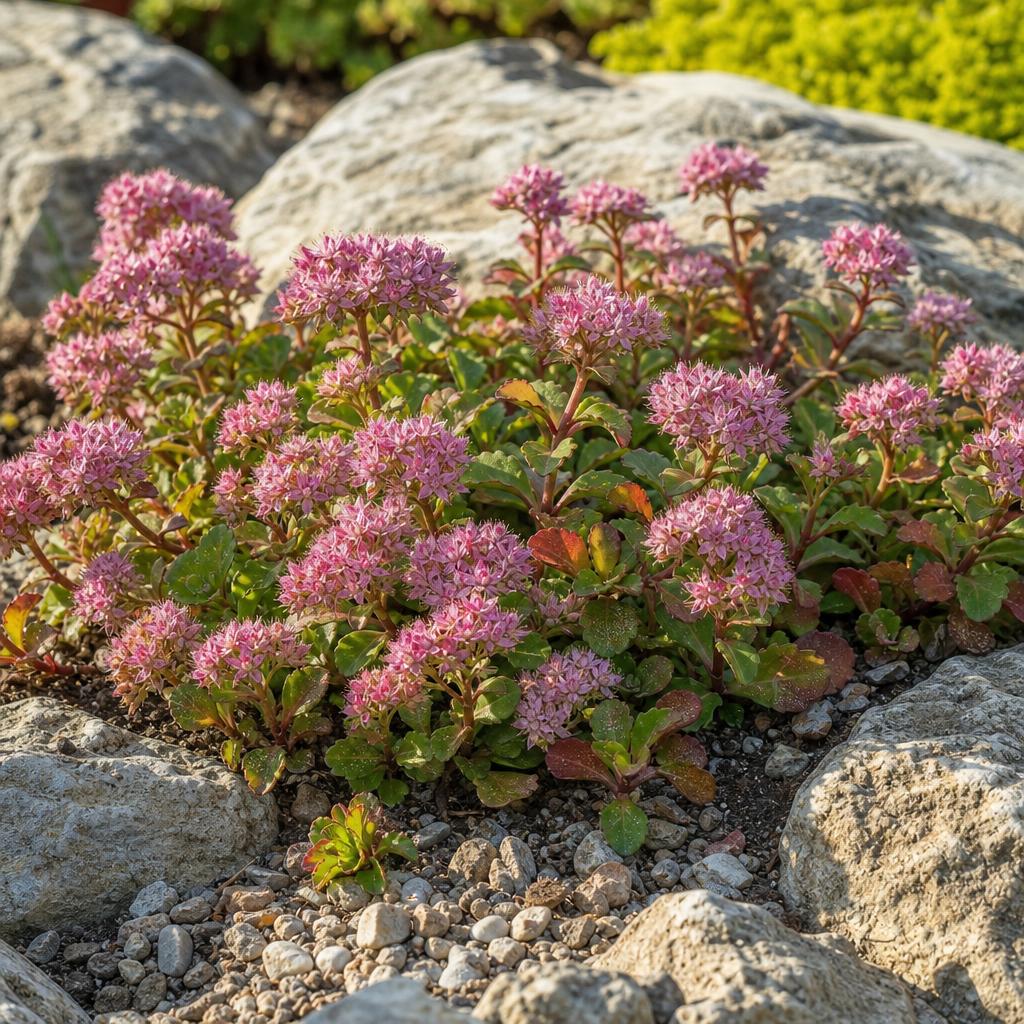 Sedums roses sur sol pierreux très ensoleillé
