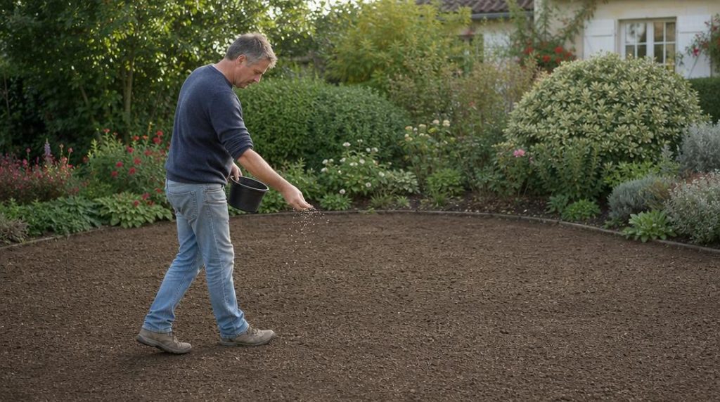 Jardinier semant des graines sur une terre préparée