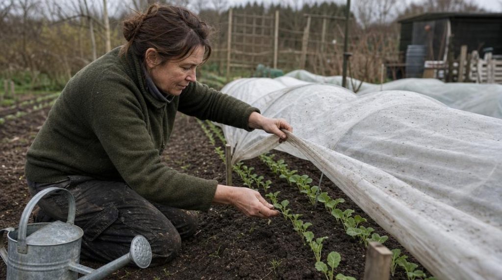 Jardinier aérant un tunnel de jeunes radis