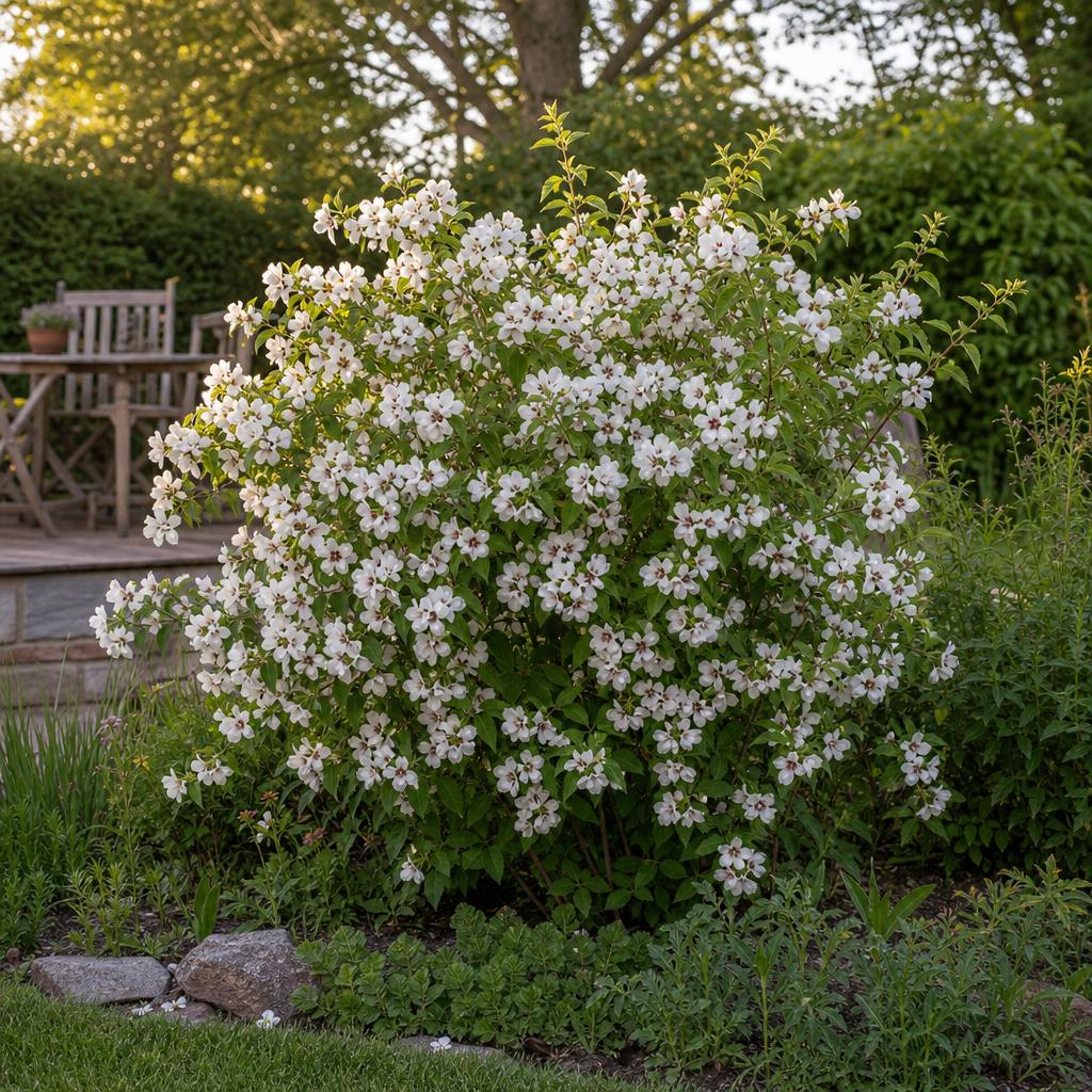 Seringat Belle Étoile blanc près d’une terrasse
