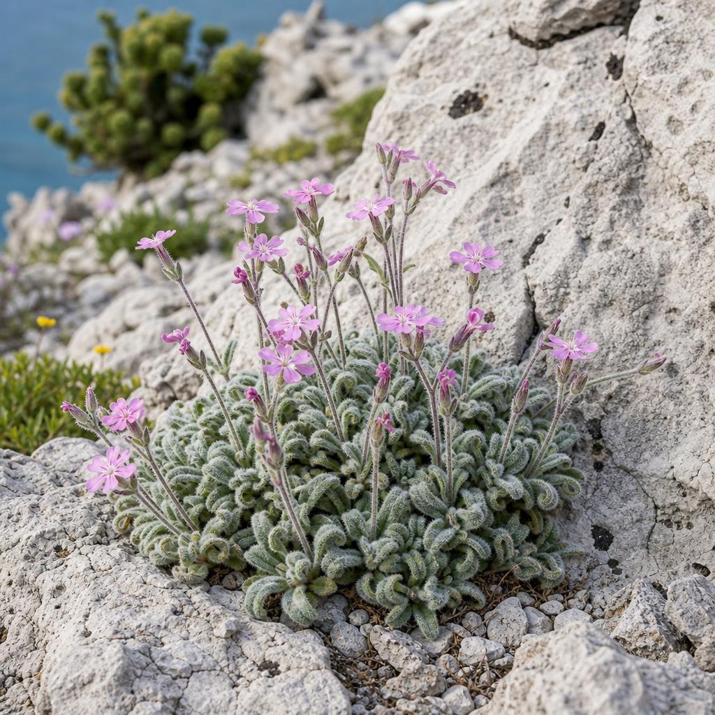 Silène de Gibraltar fleuri sur roche calcaire