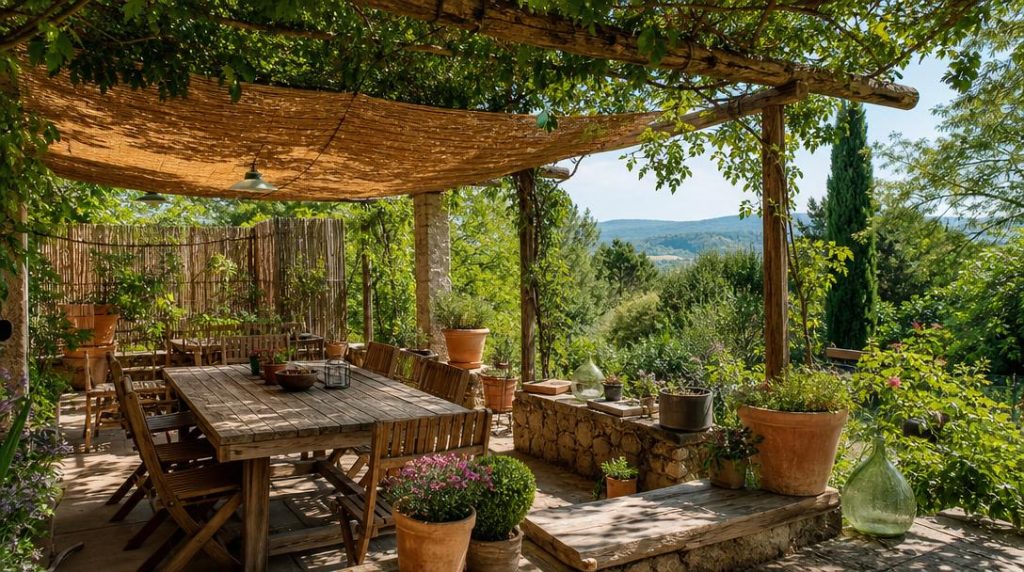 Terrasse jardin avec voile coco, canisses et pergola végétalisée