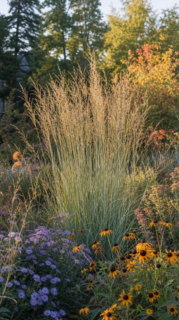 Sorghastrum bleu et doré derrière des asters