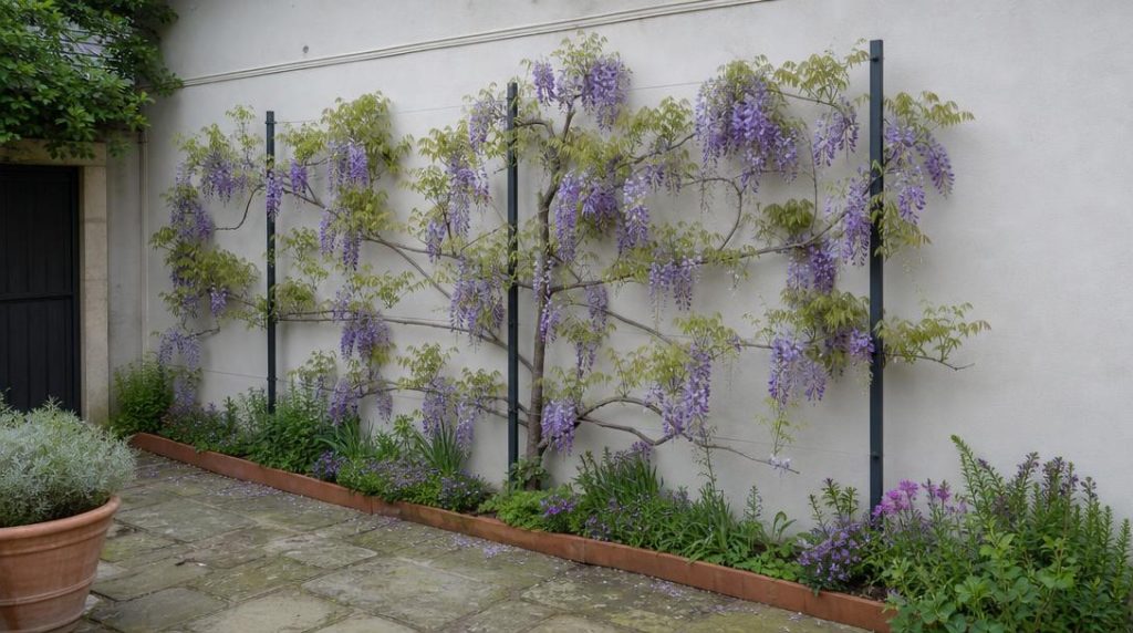 Glycine violette guidée sur support métallique mural