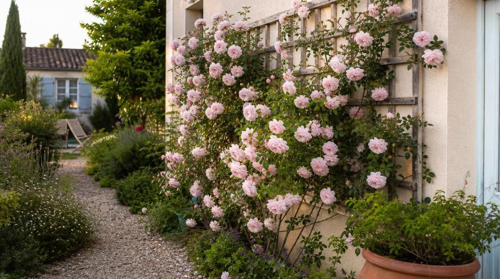 Rosier fleuri sur treillis dans un jardin familial