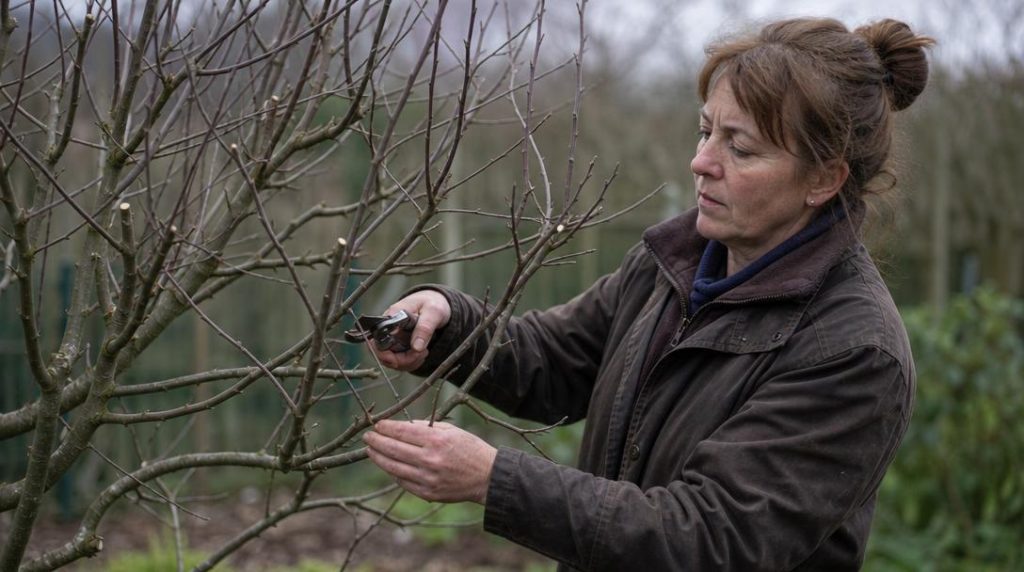 Jardinier taillant un pommier nain avec un sécateur