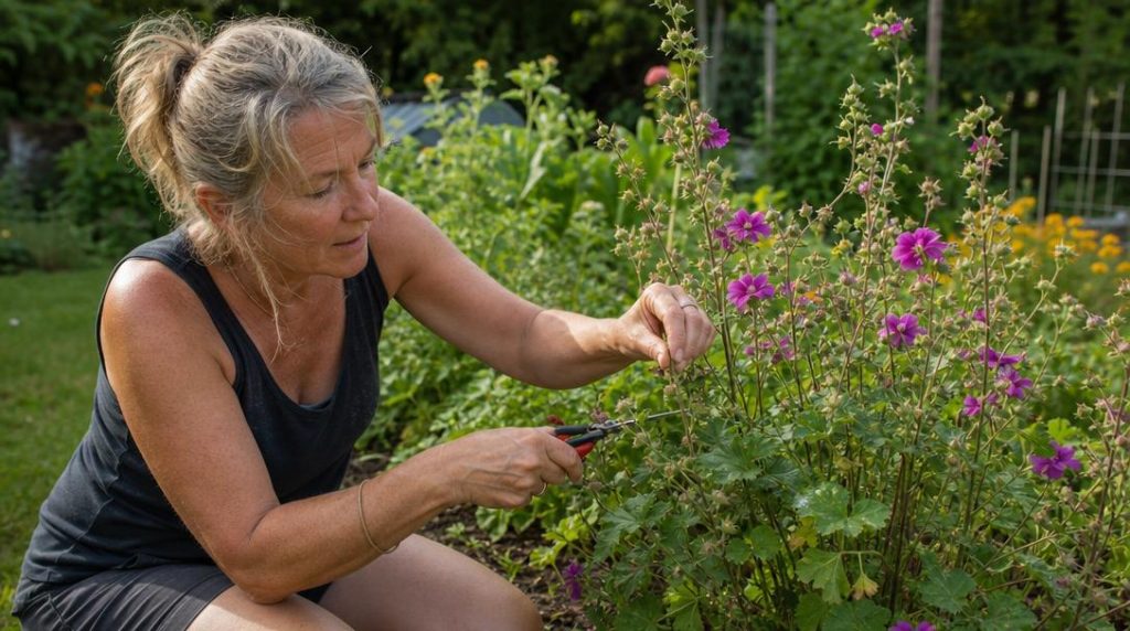 Jardinier retirant les fleurs fanées d’une mauve