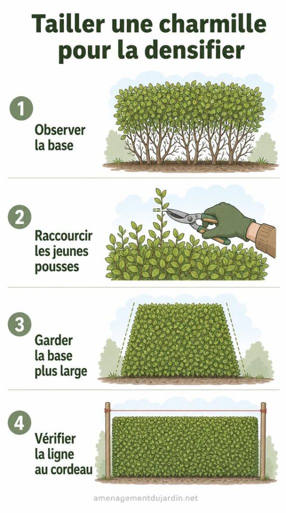 Infographie des étapes de taille d’une charmille dense
