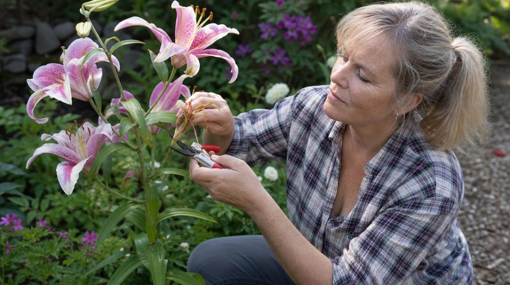 Jardinier retirant une fleur fanée de lys