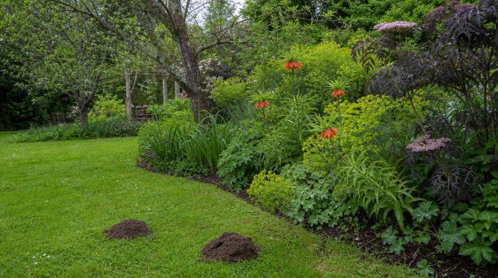 Taupinières près de plantes répulsives dans un jardin