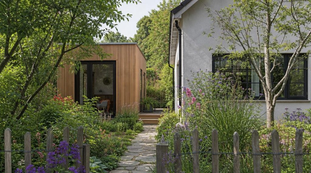 Chemin de pierre reliant maison et annexe bois