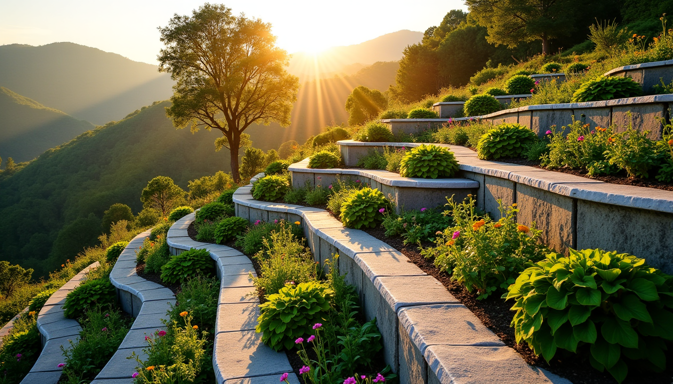 Terrasses en pierre plantées sur versant, soleil rasant et montagnes