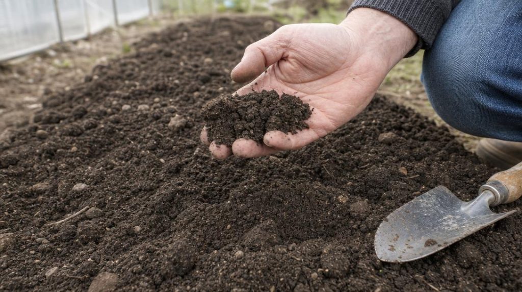 Main tenant une terre friable dans le potager
