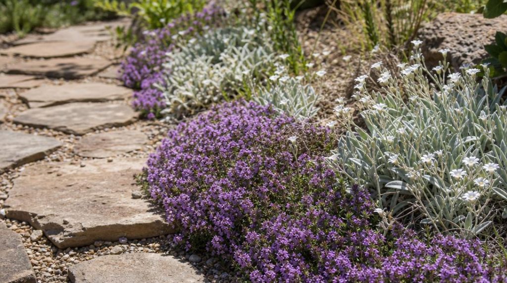 Thym fleuri et céraistes en bordure sèche
