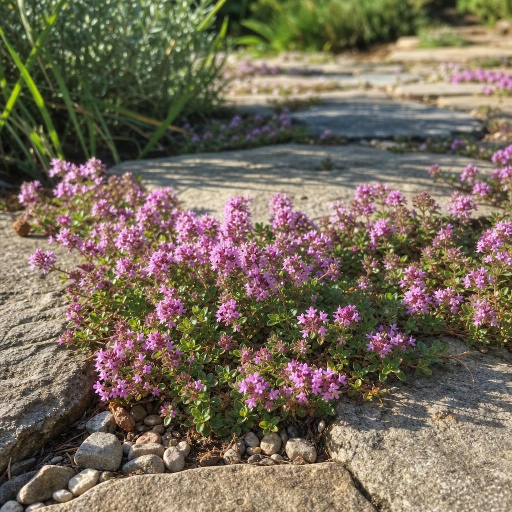 Thym serpolet fleuri entre dalles de pierre