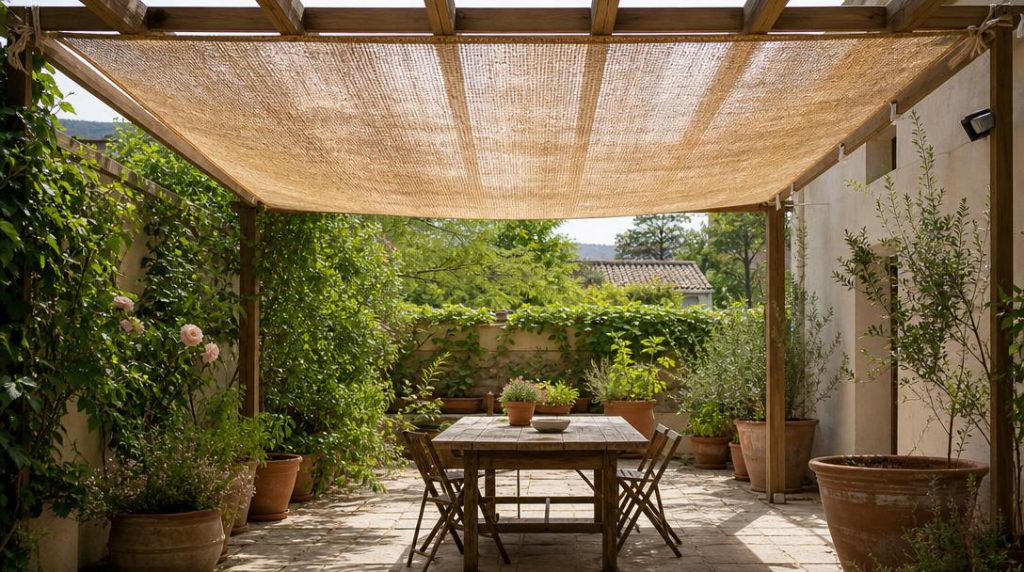 Toile de jute beige tendue sous pergola en bois