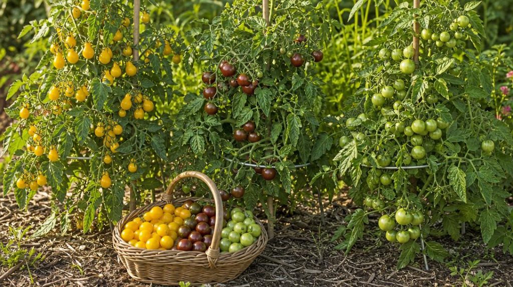 Tomates cerises jaunes noires et vertes récoltées