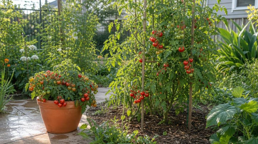 Plant compact en pot et tomate cerise tuteurée