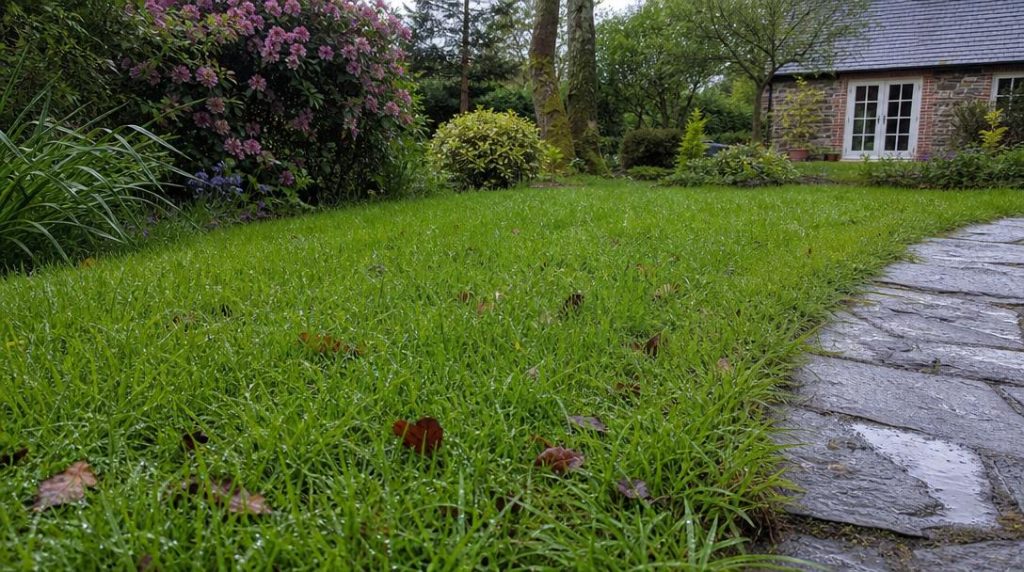 Pelouse humide après la pluie dans un jardin vivant