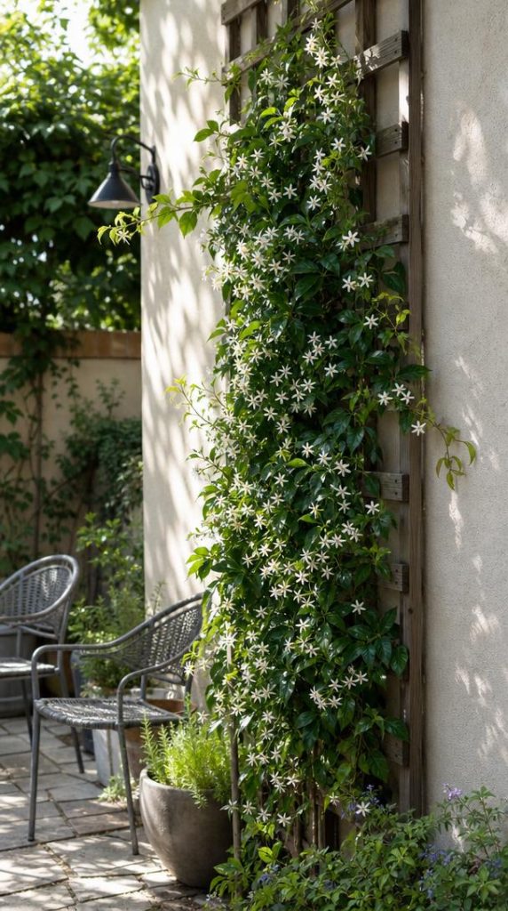Treille fleurie avec jasmin étoilé contre façade ensoleillée