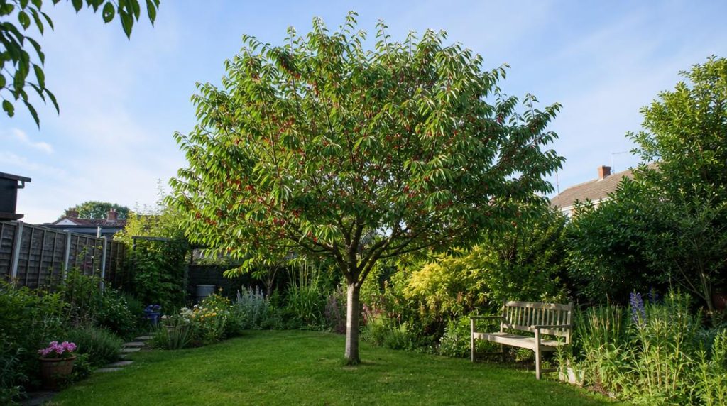 Cerisier chargé de fruits dans un jardin familial