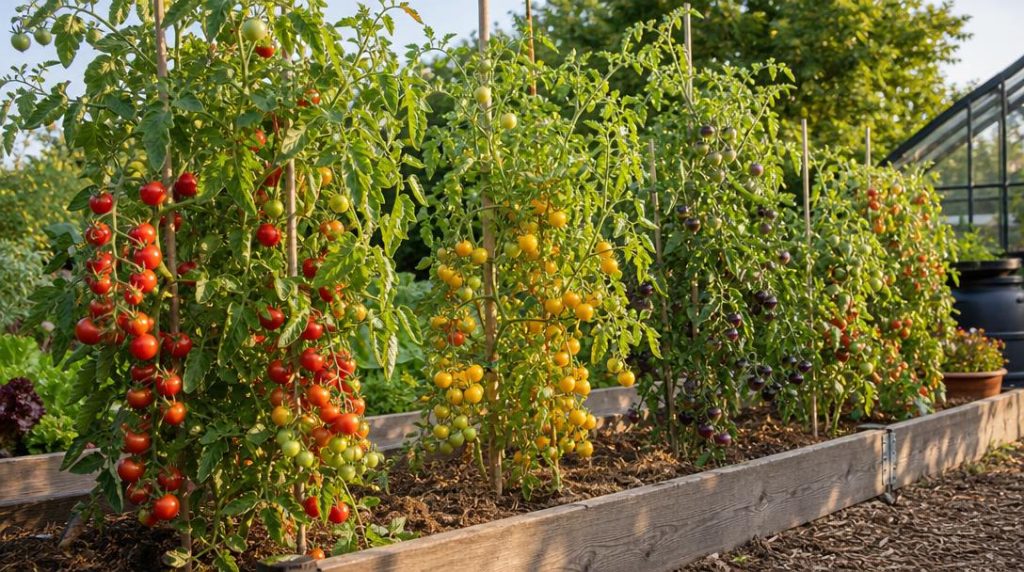 Différentes tomates cerises mûres dans un potager familial